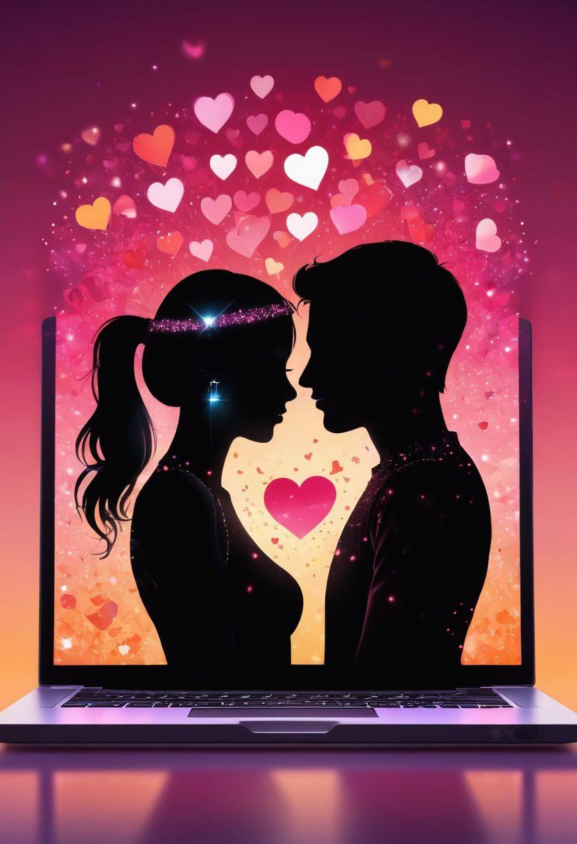 A modern digital landscape featuring various adult dating app icons overlapping a silhouette of a couple embracing, surrounded by glowing hearts and sparkles. In the background, a laptop and smartphone displaying flirtatious messages enhances the intimacy theme. Soft, warm colors create an engaging atmosphere. vector art. vibrant colors. 3D.
