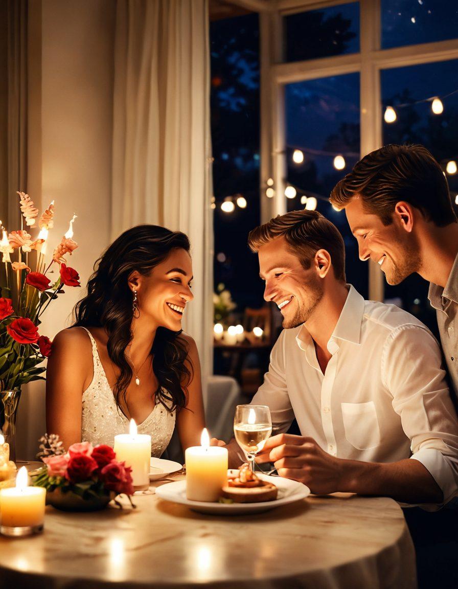 A warm, inviting scene of a couple enjoying a candlelit dinner, sharing smiles and laughter, surrounded by soft, ambient lighting. Elements of connection are illustrated, such as intertwined hands and a shared dessert, symbolizing intimacy and passion. The background features a beautifully decorated dining space with flowers and a cozy atmosphere. super-realistic. warm tones. soft focus.