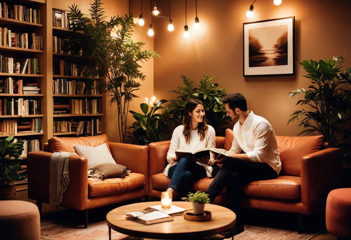 A serene and intimate setting featuring a couple engaging in open conversation, surrounded by soft, warm lighting. Include elements of exploration, such as books on intimacy and adult relationship guides subtly displayed in the background. Incorporate symbols of empowerment, like plants representing growth and flourishing love. The overall atmosphere should evoke a sense of trust, understanding, and connection. soft focus. warm colors. modern design.